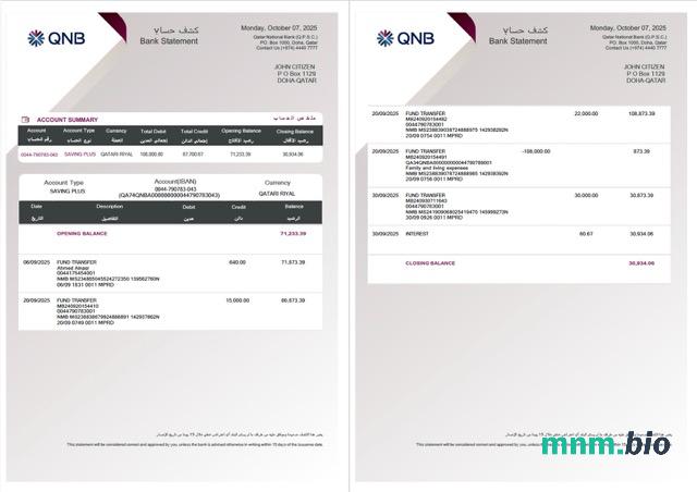 Qatar QNB ALAHLI wyciąg bankowy 3-6 miesięcy Word i PDF przykład, Wersja 2